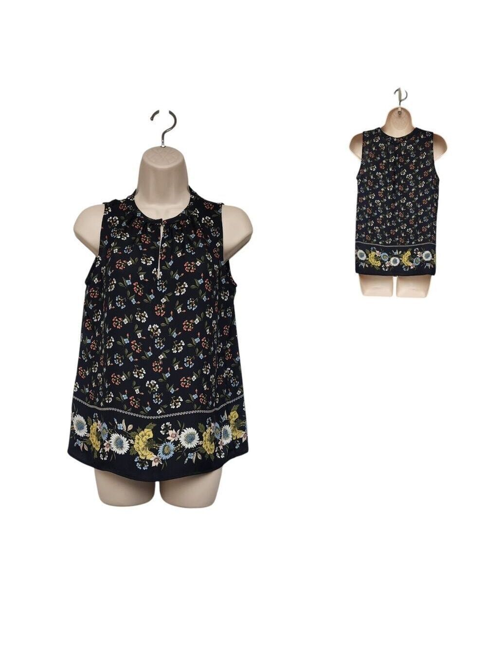 Loft Crew Neck Sleeveless Floral Top Blouse, Multi-Color Black Size PXS